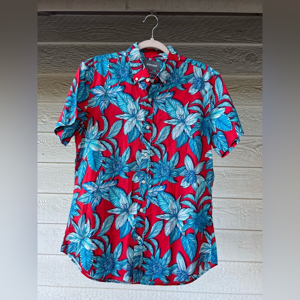 Bonobos Shirt Mens Medium Blue Slim Fit‎ Cotton Floral Hawaiian